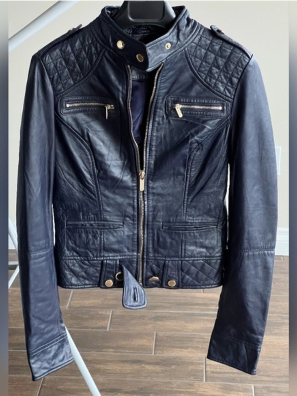 Guess by Marciano Navy Blue 100% Lamb Leather Moto Jacket